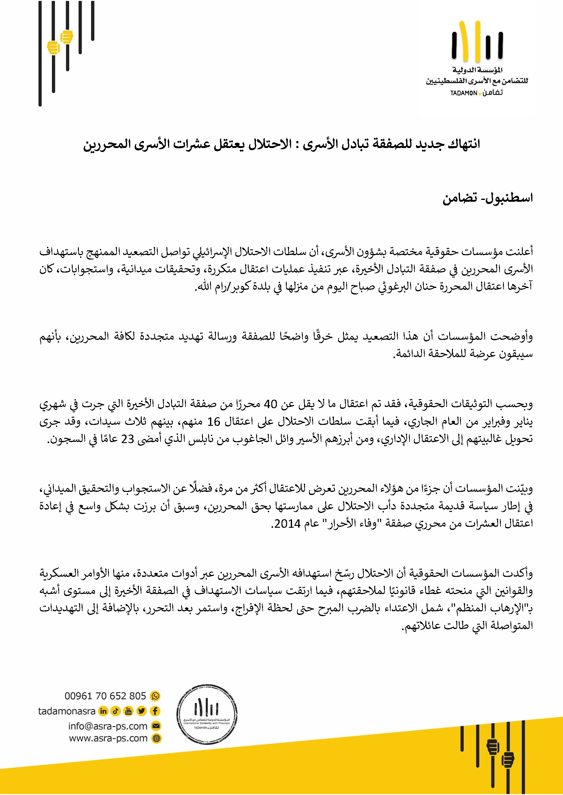 انتهاك جديد للصفقة تبادل الأسرى : الاحتلال يعتقل عشرات الأسرى المحررين